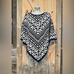 Style & Co Black White Cotton Aztec Fringe Poncho~OS~NWT